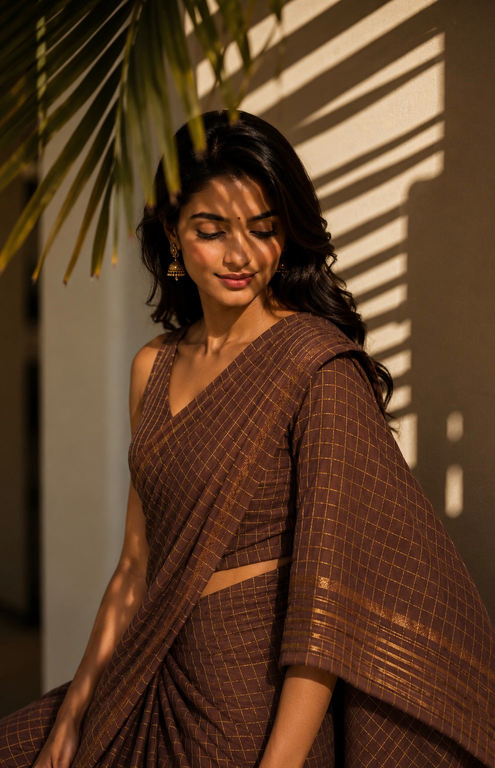 Midnight Mocha Zari Checks Mulmul Saree