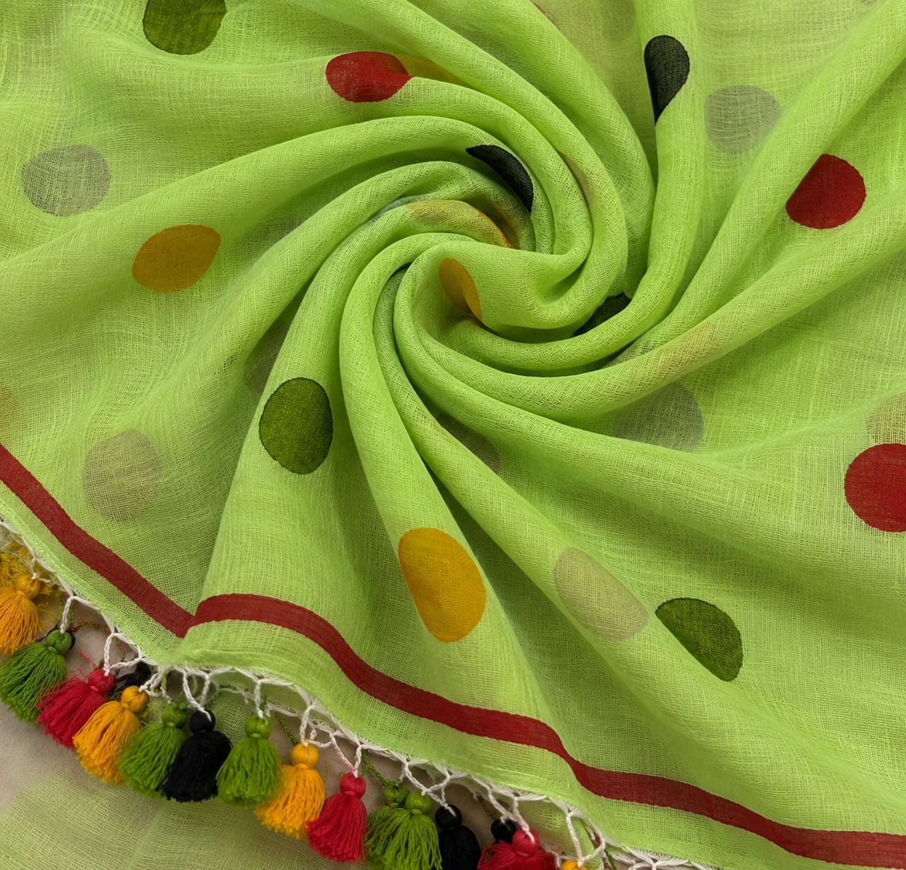 Lime Mist Multidot Tassel Mulmul Saree