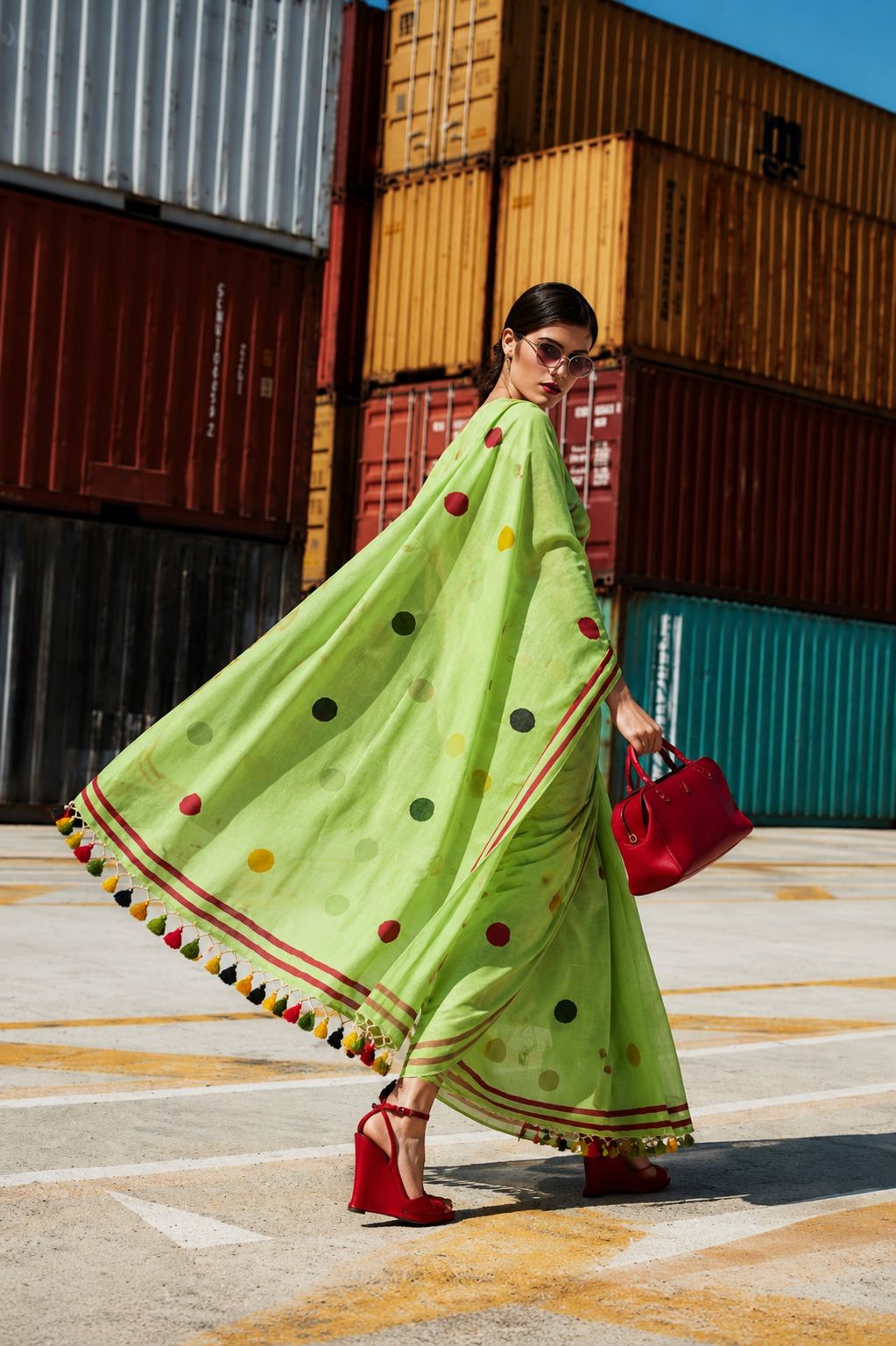 Lime Mist Multidot Tassel Mulmul Saree