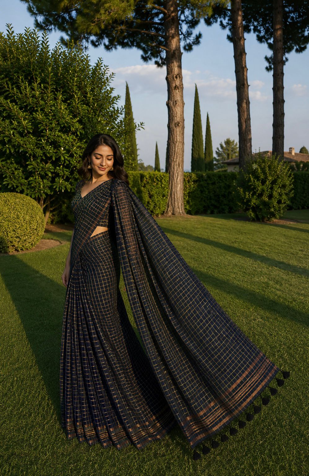 Noir Raat Zari Checks Mulmul Saree